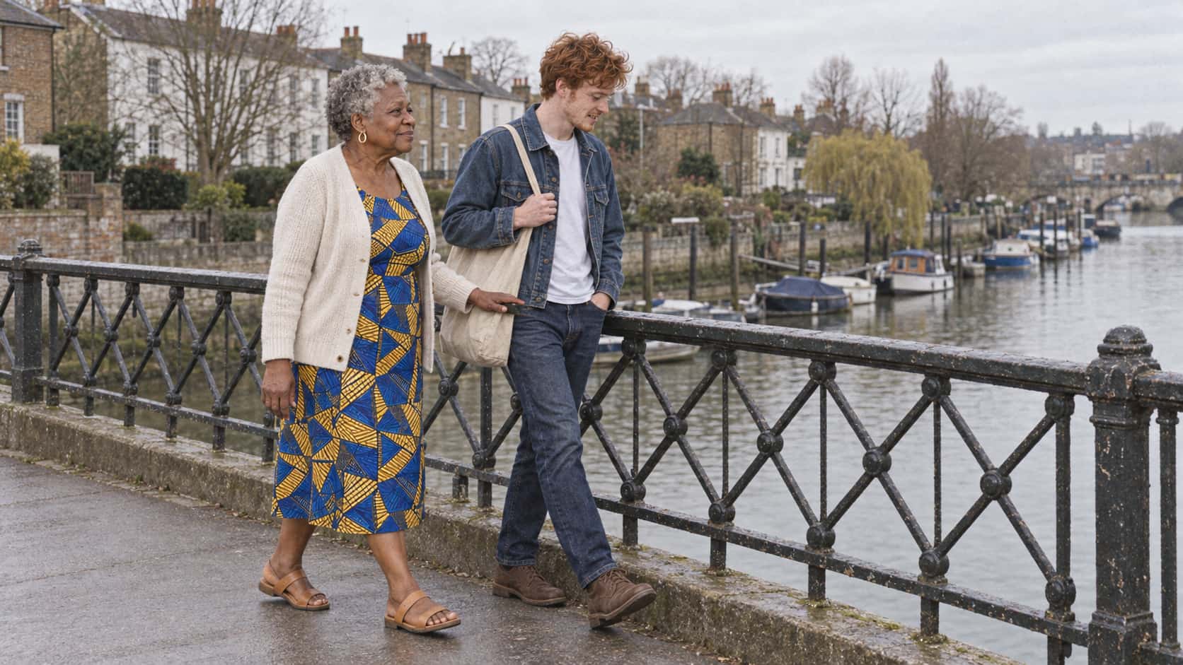 An older woman in a cobalt dress rests a hand on an iron railing as she walks beside a young man in a denim jacket across a footbridge over a river with moored rowing boats below and terraced houses beyond.