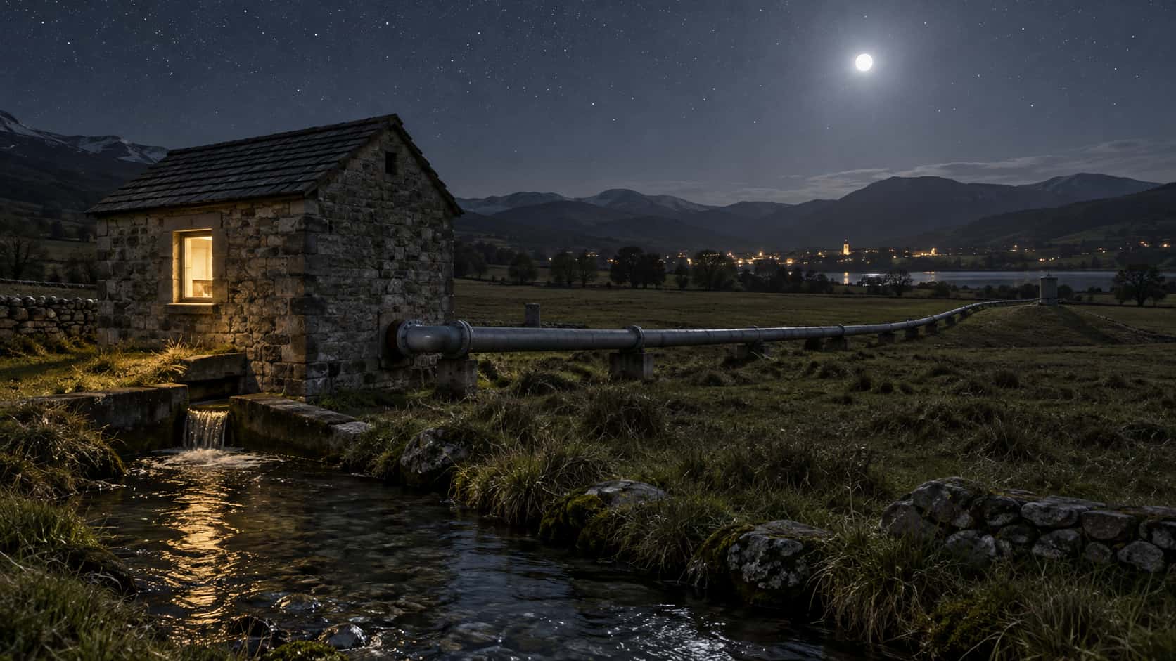 A small stone pump house by a stream has one window glowing warm yellow at night with its grey rising main leaving across a dark meadow and a soft ripple in the outflow channel lit by the window under a starry sky.