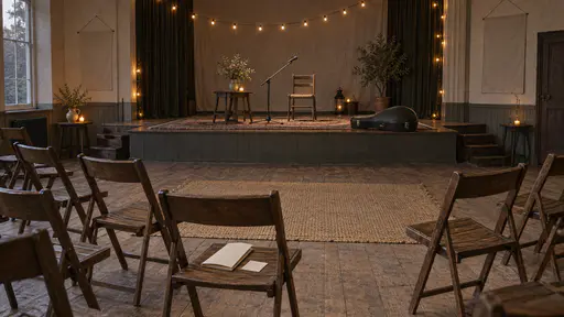 An empty community hall with folding wooden chairs left in a loose half circle facing a low plain stage, a blank programme and slip on one chair, a string of warm bulbs glowing softly and a closed oud case on the stage edge late in the evening.