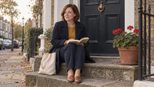 A woman with a chin-length auburn bob in a navy coat sits on a front doorstep with an open paperback on her knees looking down the street beside a brass knocker and a potted geranium in low golden light.