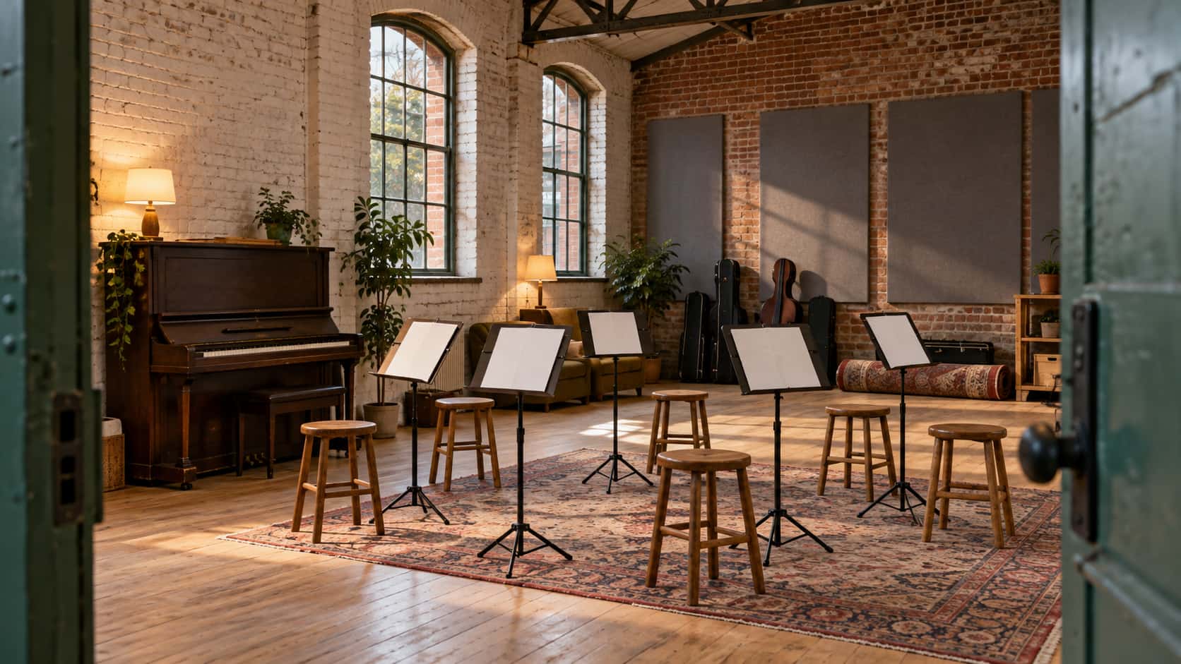 An upright piano, a semicircle of wooden stools with black music stands and a stack of instrument cases in a whitewashed brick rehearsal room with grey acoustic panels in warm lamplight under a steel truss.