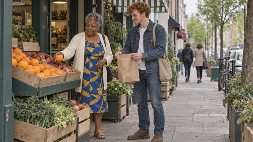 An older woman in a cobalt dress chooses an orange from a crate outside a small greengrocer under a striped awning while a young man in a denim jacket holds open a paper bag in bright midday light.