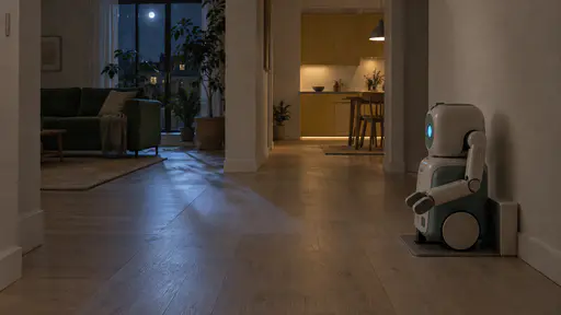 A small cream and teal household robot sits docked on a charging mat against a hallway wall with its arm folded in and its blue light dimmed in a dark hall with a line of warm light under a door and pale moonlight on the floor.