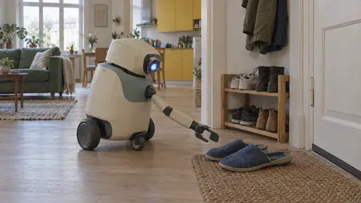 A small cream and teal household robot reaches its clamp arm toward a pair of worn blue slippers on a hallway floor beside a shoe rack and coat hook in soft afternoon light.