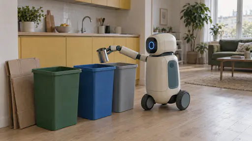A small cream and teal household robot holds an empty tin can in its clamp arm above a row of three plain bins in green, blue and grey with a flattened cardboard box beside them in a yellow kitchen.