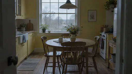 A wiped round oak kitchen table stands clear with chairs pushed in, one clean mug on a small mat and a vase of yellow flowers in the middle in pale early-morning light from a tall window with the hanging lamp off.