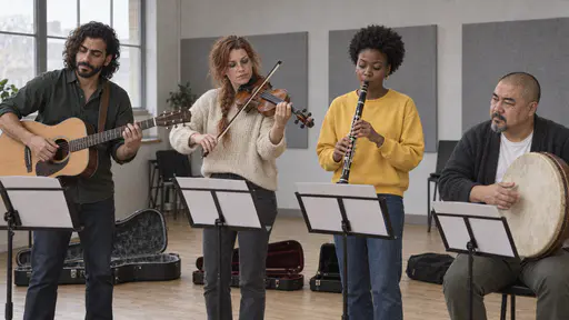 Four musicians with a guitar, a fiddle, a clarinet and a frame drum run through a piece in a bare rehearsal room with grey acoustic panels, black music stands with blank pages and open instrument cases on the floor.