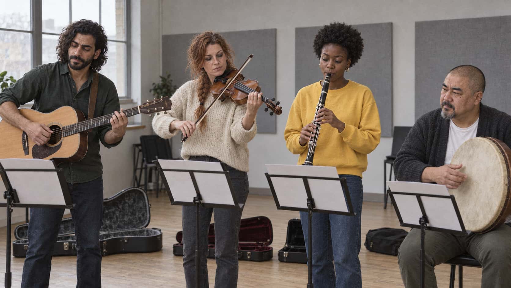 Four musicians with a guitar, a fiddle, a clarinet and a frame drum run through a piece in a bare rehearsal room with grey acoustic panels, black music stands with blank pages and open instrument cases on the floor.