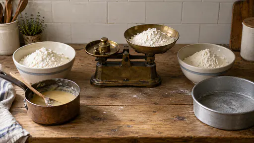From directly above on a scrubbed wooden kitchen bench a pair of old brass scales holds a pile of white flour between two ceramic bowls of the same flour, one beside a small saucepan of roux and the other beside a sponge cake tin in gentle overhead light.