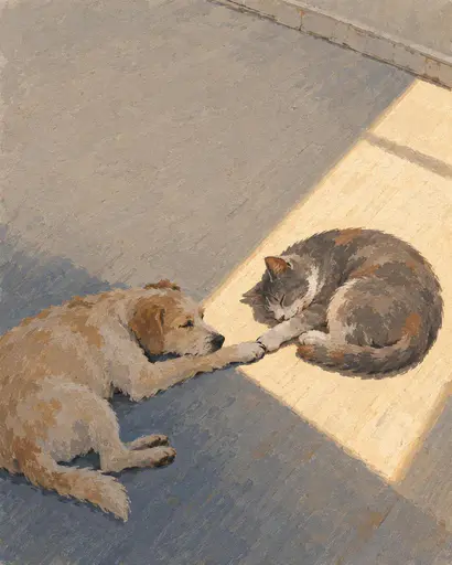 A painted dog in blue-grey shade touches a sleeping cat forepaw in sunlight; the dog hindquarters extend beyond the left frame.