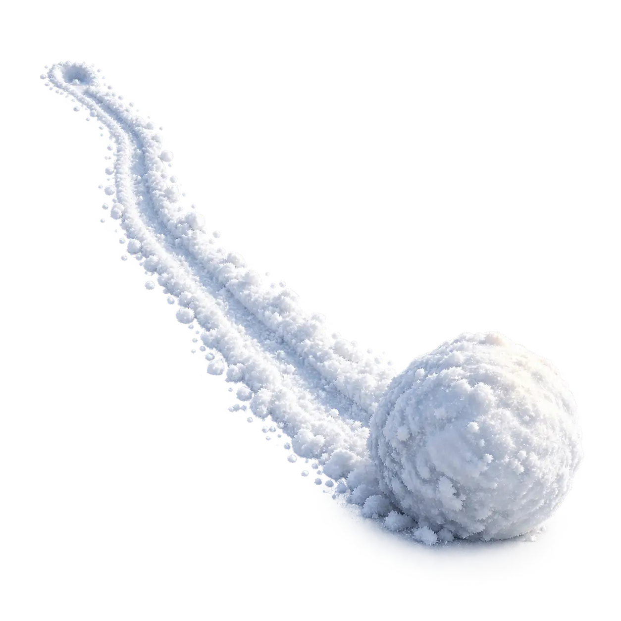 The snowball effect: a single snowball grown large mid-roll with one continuous thickening snow trail behind it, the metaphor for a process that grows by gathering more of the same material.