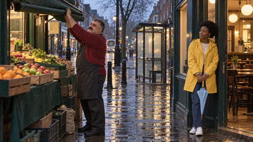 A heavyset stallholder in a charcoal apron over a red jumper rolls up a plain green stall awning at blue dusk while a young woman in a yellow raincoat holding a closed pale blue umbrella watches from a lit café doorway.