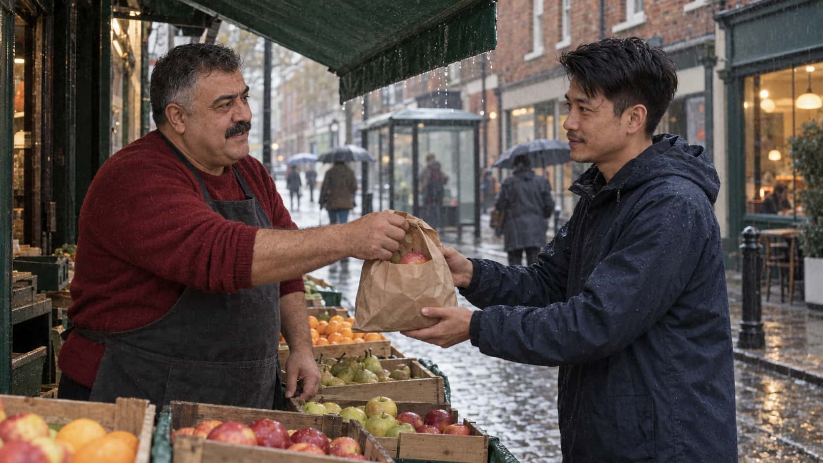 A heavyset stallholder in a charcoal apron over a red jumper passes a plain paper bag of apples across the crates to a wiry man in a navy cagoule under a green awning while rain drips from its edge.