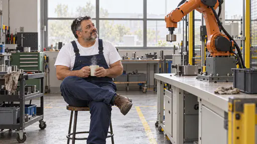 A stocky grey-bearded technician in blue overalls with safety glasses pushed up sits on a stool holding a steaming mug looking up at a paused orange robot arm with its gripper lowered to rest in warm afternoon light.