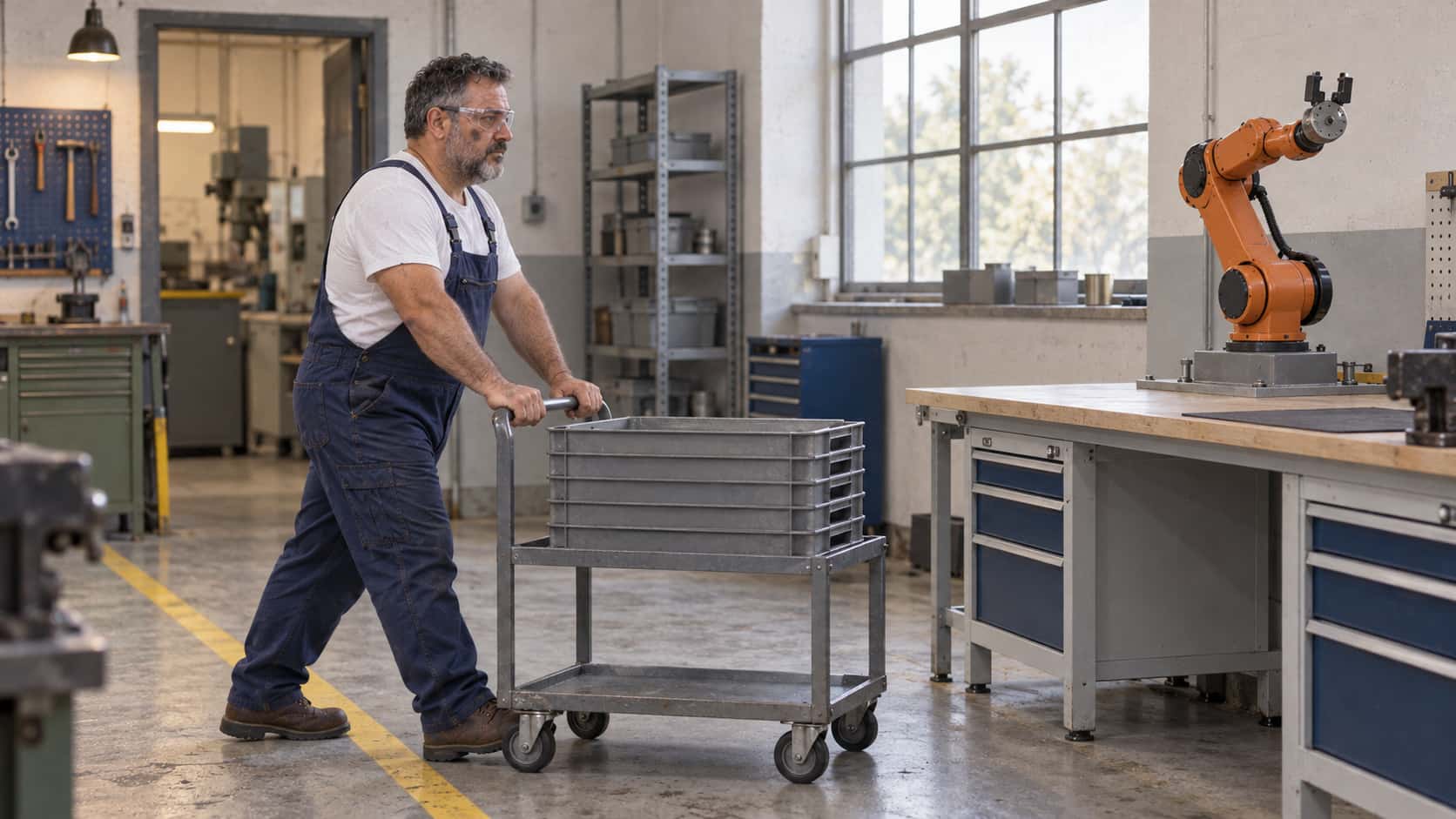 A stocky technician in blue overalls and safety glasses pushes a loaded rolling parts cart with grey trays toward a workshop bench where an orange robot arm stands at rest on its base in warm window light.