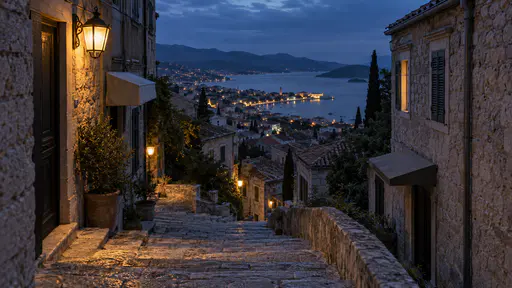 The top landing of a stone staircase is lit by a few warm iron stair lamps on the walls with the steps glowing softly below and the lights of the town spread out far beneath a deep blue sky at blue hour.