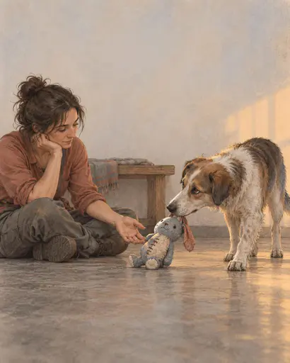 A tired rescue volunteer sits on the floor while a dog brings back a visibly mended toy and waits without demanding play.