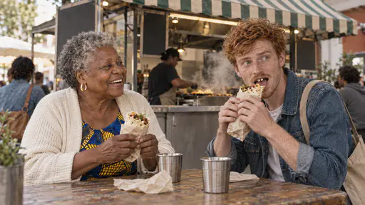 An older woman in a cobalt dress laughs as a young man in a denim jacket takes a surprised bite of a flatbread wrap at a high table beside a striped-awning street-food counter with a steaming griddle in warm light.
