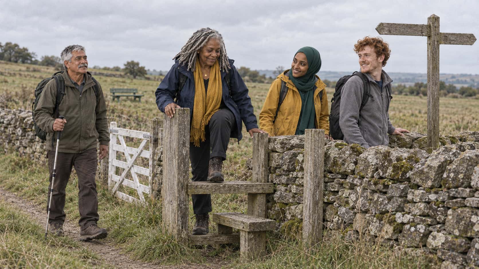 Two walkers wait on the far side of a timber stile in a dry-stone wall while a woman in a navy raincoat steps over and an older man with a walking pole follows in soft grey light.