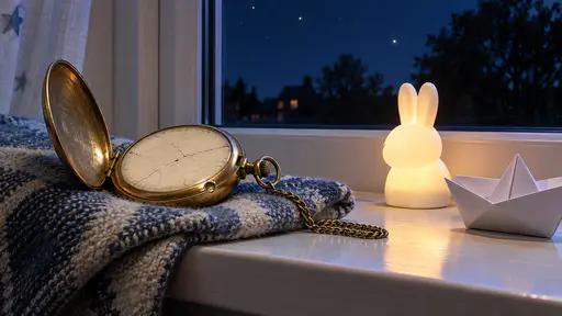 A worn brass pocket watch lies open on a folded blanket on a child's windowsill beside a glowing night light and a small paper boat with a dark window and a few stars behind at blue evening.