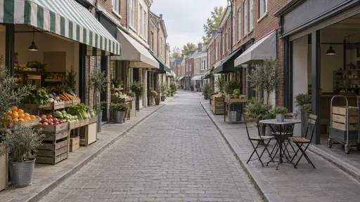 A quiet narrow brick shopping street stands fully open at midday with every shutter rolled up, plain striped awnings out over fruit crates, cafe chairs and a small table on the pavement and a delivery trolley with plain crates at a doorway.