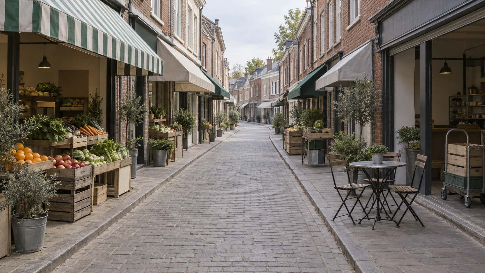 A quiet narrow brick shopping street stands fully open at midday with every shutter rolled up, plain striped awnings out over fruit crates, cafe chairs and a small table on the pavement and a delivery trolley with plain crates at a doorway.