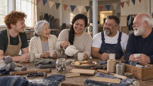 Five friends laugh around one long table in an emptying community hall in warm late light sharing a pot of tea and a plate of biscuits among mended objects, tools and leftover blank tickets with bunting overhead, a Samoan woman in a teal shirt pouring tea beside two menders and two visitors.