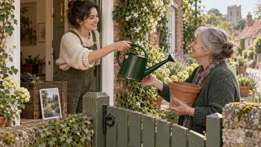 A young adult passes a repaired green watering can over a low gate to an older neighbour holding an empty terracotta pot.