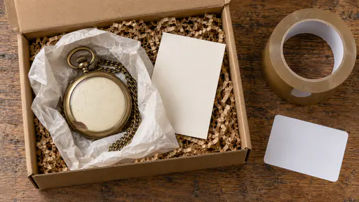 A small cardboard postal box with its lid open holds a tissue-wrapped watch nested in shredded kraft paper with a plain blank card beside it, a roll of brown tape and a blank address label waiting to the side in bright light.