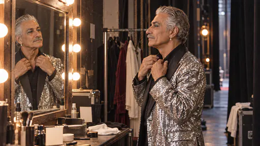 A tall slim man with silver hair, a silver moustache, a pearl earring and faint teal eyeshadow adjusts the collar of a sparkling silver jacket with both hands in front of a bulb-lit mirror backstage beside a rail of plain costumes with a calm proud expression in warm light.