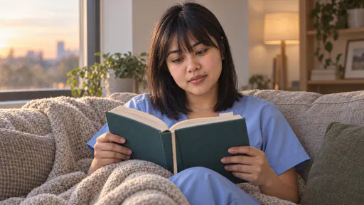 A petite woman with a full black fringe and a thin silver chain in pale blue scrubs reads a thick teal cloth-bound book curled on a sofa under a blanket beside a window in soft evening light, a slip of paper marking a page.