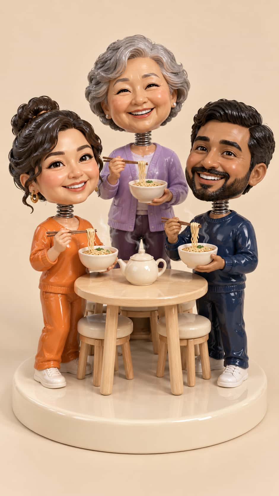Three fictional adult bobble figures on short spring necks share bowls of noodles and a teapot around a tiny table on one round base in orange, navy and lilac.