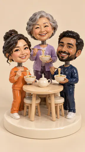 Three fictional adult bobble figures on short spring necks share bowls of noodles and a teapot around a tiny table on one round base in orange, navy and lilac.