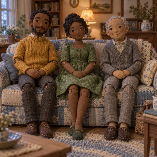 Three fictional adult cloth dolls sit in a row on a patchwork sofa in a stitched fabric scene with disc pivot joints at the elbows and knees and a small lamp behind.