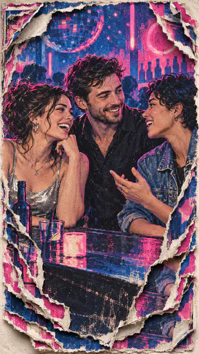 Three fictional adult friends lean in to talk at a club bar corner in a drawing of torn printed poster layers with ragged edges exposing paper fibre around the figures.