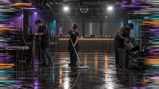 Three fictional adult staff in dark aprons stack chairs and mop the floor of a club after closing under bright work lights while the room edges dissolve into streaked pixel runs.