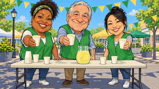Three fictional adult volunteers with oversized heads in green vests hand out paper cups of lemonade at a trestle table at a street fair under bunting in an ink caricature.
