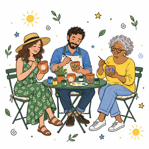 Three fictional adults sit around a garden table painting small flowerpots in a doodle illustration with floating leaves, stars and spirals in loose open space around them.