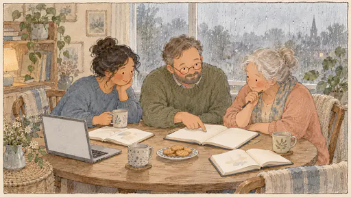 Three fictional adults of mixed ages study around a round table with open blank notebooks, a laptop, mugs and a plate of biscuits on a rainy day in a framed storybook ink and wash illustration.