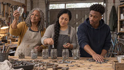 An older woman with silver locs holds a glass jar to the light while a woman with a long black braid drops bolts into a jar and a tall young man pushes washers across a pine workbench in a brick garage workshop in warm lamp light.