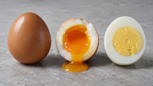 A raw brown egg upright on the left, a halved soft-boiled egg with a runny orange yolk in the middle, a halved hard-boiled egg with a firm pale yolk on the right, grey stone board.