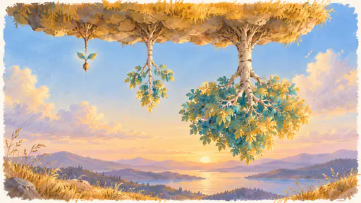 Three downward-growing trees of different ages hang side by side from the underside of a floating island, a tiny sprouting seedling, a slender young sapling and a tall mature tree with a full crown, all pale-barked with turquoise and gold leaves in soft golden light.
