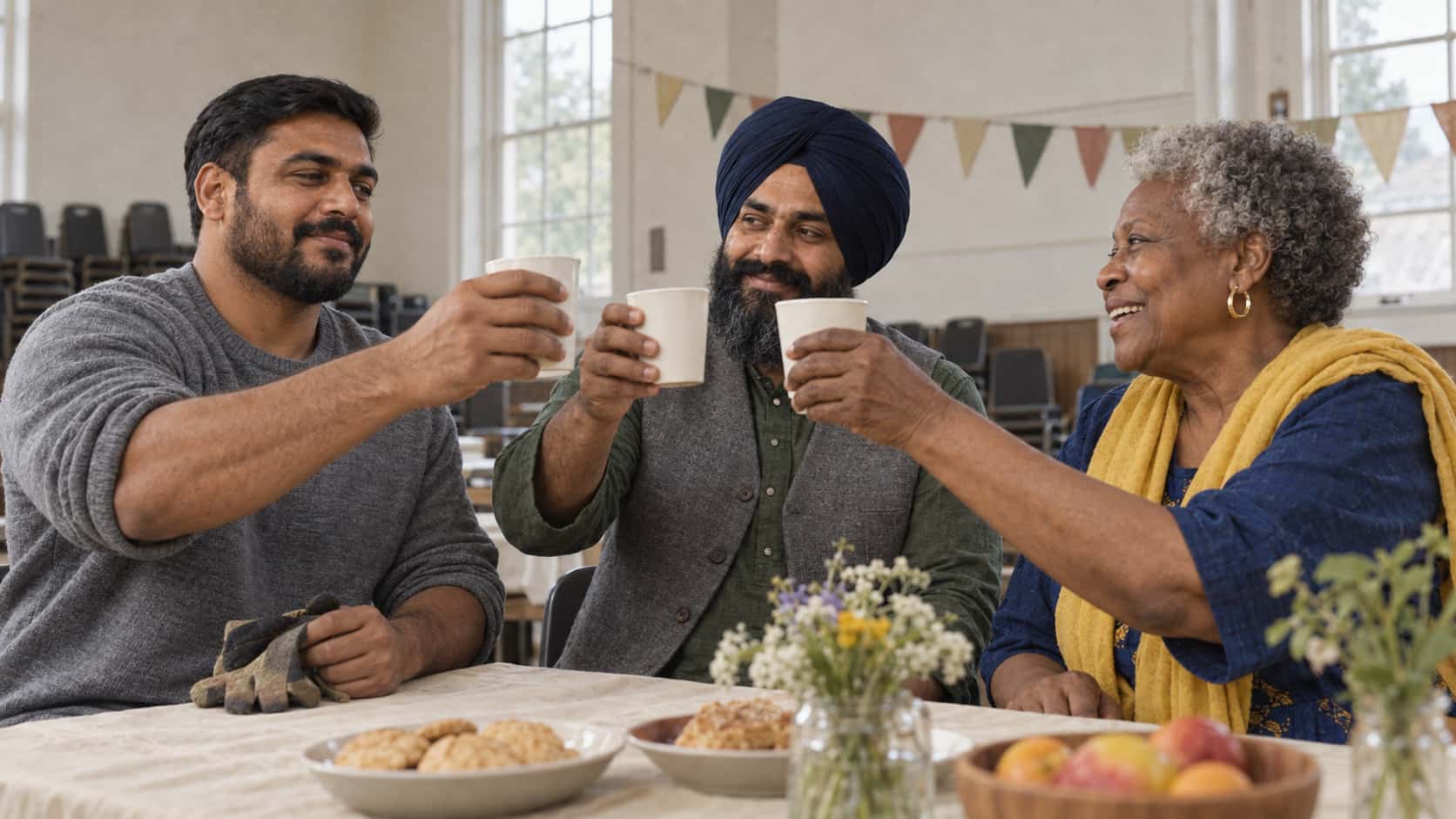 A broad man in a grey jumper, a man in a navy turban and green kurta and an older woman in a deep blue dress and yellow scarf raise plain cups together over a table in a toast with a paper garland behind in bright even light.