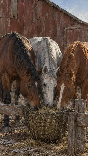 A bay, a grey and a chestnut horse stand together at a wooden paddock rail with heads lowered to a hay net before a red barn wall in layered wax paint.