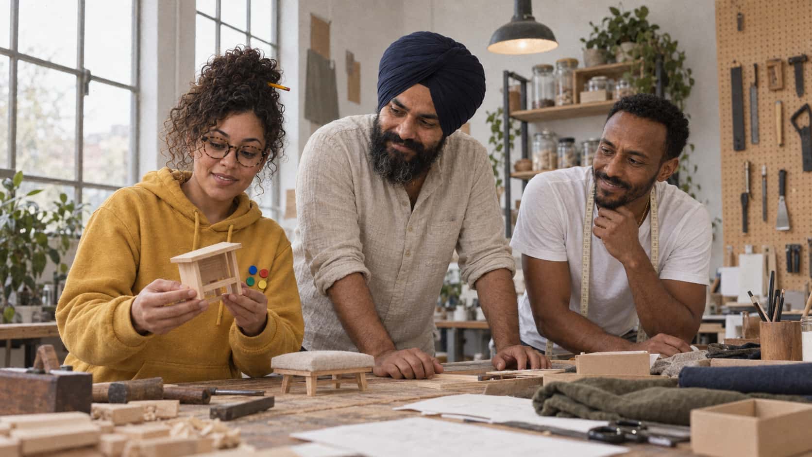 A woman with round glasses and a curly bun holds up a small finished wooden model while a bearded man in a navy turban leans over it and a tall lean man with a tape measure smiles beside them around a long worktable in low golden light.
