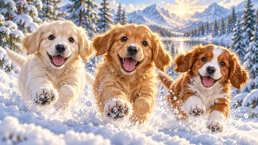 Three playful puppies, one cream, one golden and one red and white, bound joyfully through fresh snow with open mouths as snowflakes fall in soft winter light.