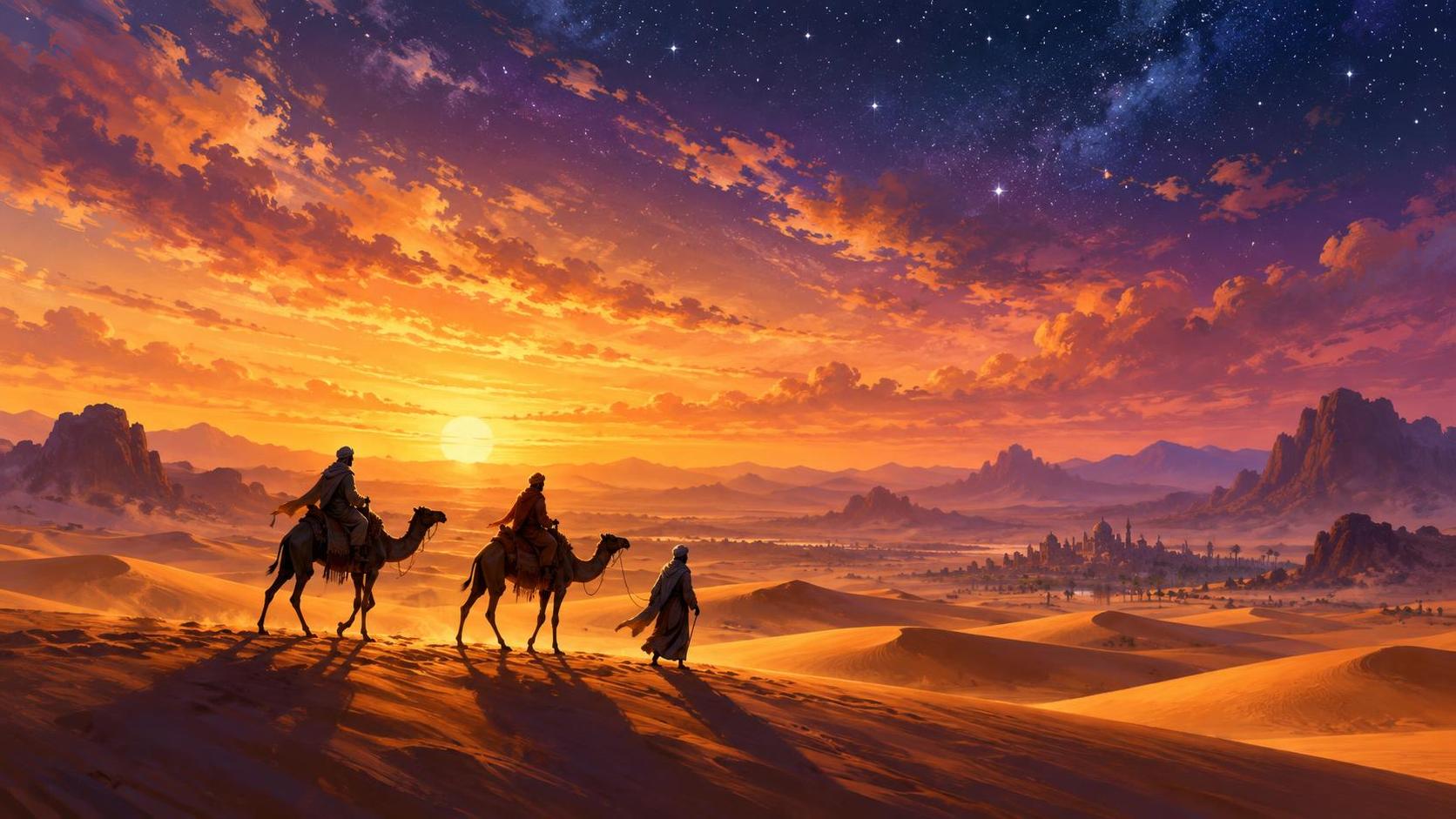 Silhouettes of three robed travelers, two on camels, in the desert at sunset with stars appearing.
