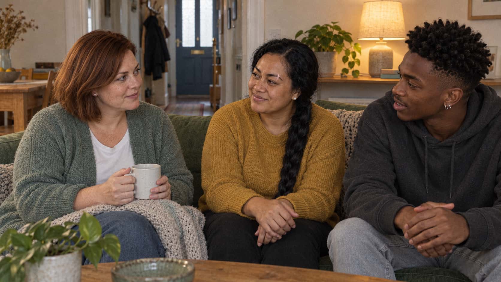 A woman with an auburn bob in a sage-green cardigan sits in the corner of a green sofa with a mug and a blanket while a woman with a long braid in a mustard jumper and a young man in a charcoal hoodie sit close beside her in warm evening lamp light.