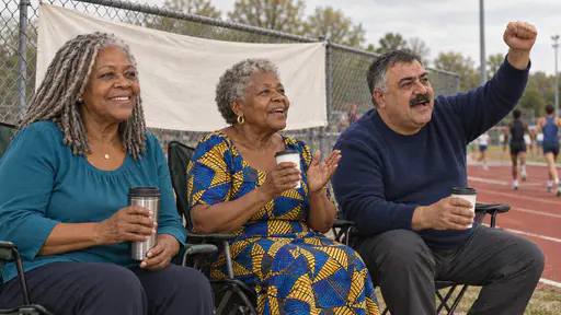 Three supporters sit in folding chairs by a running track holding cups and cheering, an older woman with silver locs in a teal blouse, an older woman with short silver curls in a wax-print dress and a heavyset man with a salt-and-pepper crew cut half out of his seat with a hand raised in warm late-morning sun.