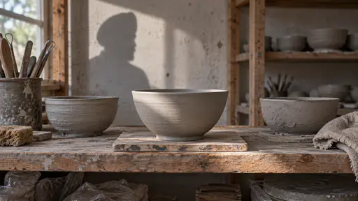 A freshly thrown plain grey clay bowl stands alone on a wooden board on a drying shelf in a bright pottery workshop with two other bowls at different stages and a pale bar of afternoon light across it.